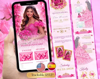 Hot Pink Quinceañera Website Invitation, Sweet 16 Editable Canva Template, Bilingual Spanish English XV Invite, Trackable RSVP & Countdown