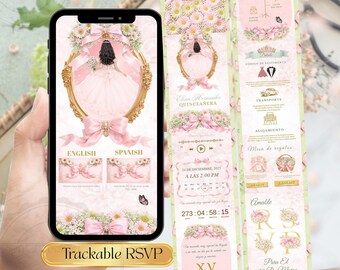 Site Web d'invitation de Quinceañera rose et vert sauge, modèle de toile modifiable, invitation florale Sweet 16 RSVP en ligne Evite anglais espagnol