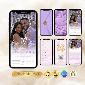 May include: Digital wedding invitation templates displayed on smartphones. The design features a couple's photo, the text "We Do", and wedding details. Additional screens show RSVP information and a wedding timeline. The color scheme is lavender and gold.