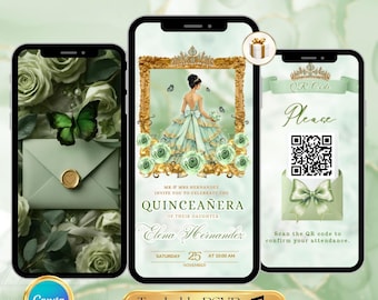 Sage Green Gold Quinceanera Invitation Video Editable Template Digital Quinceanera Invite for Sweet 15 & 16 Digital InviteTrackable RSVP