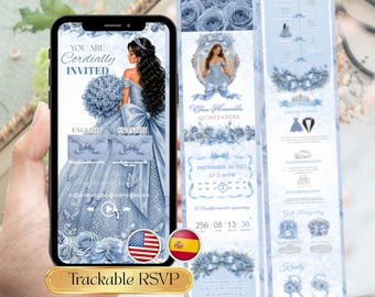 Sitio web de invitación Dusty Blue Quinceañera, Roses Sweet 15 Invite, Mis Quince Años Digital RSVP, Plantilla editable Bilingüe Inglés Español