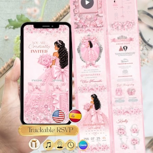 May include: A pink digital invitation for a Quinceañera, featuring a young woman in a pink gown. The invitation includes the text "You are Cordially Invited" and "Trackable RSVP". The design incorporates floral elements and the American and Spanish flags.