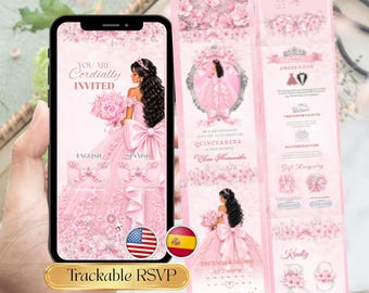 Sitio web de invitación de quinceañera rosa chicle, invitación de dulces 15 con flores de cerezo rosas, confirmación de asistencia digital bilingüe español-inglés para mis quince años