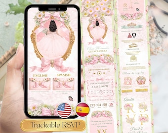 Sitio web de invitación de quinceañera con margaritas rosas y verde salvia, plantilla editable de Canva, invitación floral para dulces 16, confirmación de asistencia en línea, Evite en inglés y español