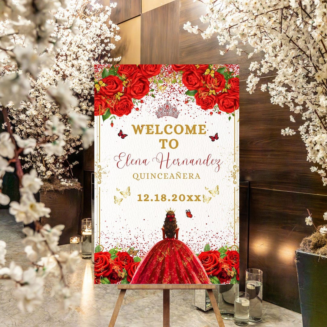 Quinceañera Red Roses Welcome Sign Sweet Sixteen Editable Template ...