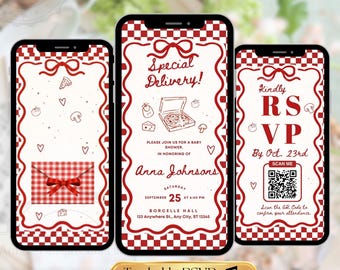 Video de invitación para baby shower con temática de pizza, invitación especial para entrega de bebé, plantilla editable de Canva, temática de pizza italiana, invitación con código QR RSVP rastreable.