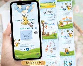 Site de convites para chá de bebê com tema Ursinho Pooh azul claro | Convite editável para chá de bebê com ursinho, com confirmação de presença rastreável, música e contagem regressiva.