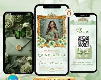 Quinceanera Birthday Invite, Sage Green Quinceañera Animated Invitation, Fifteenth Bday Party, Mis Quince Años E-vite, Digital Sweet 16 15