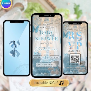 May include: Three smartphones displaying a baby shower invitation. The central phone shows the text "Baby Shower" with details. The left phone has a blue ribbon graphic. The right phone has RSVP information and a QR code. The overall theme is baby shower announcements.