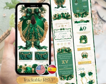 Plantilla RSVP de invitación a Quinceañera verde esmeralda, sitio web de invitación Coquette Floral Sweet 15, invitación en línea de Quinceañera, español inglés