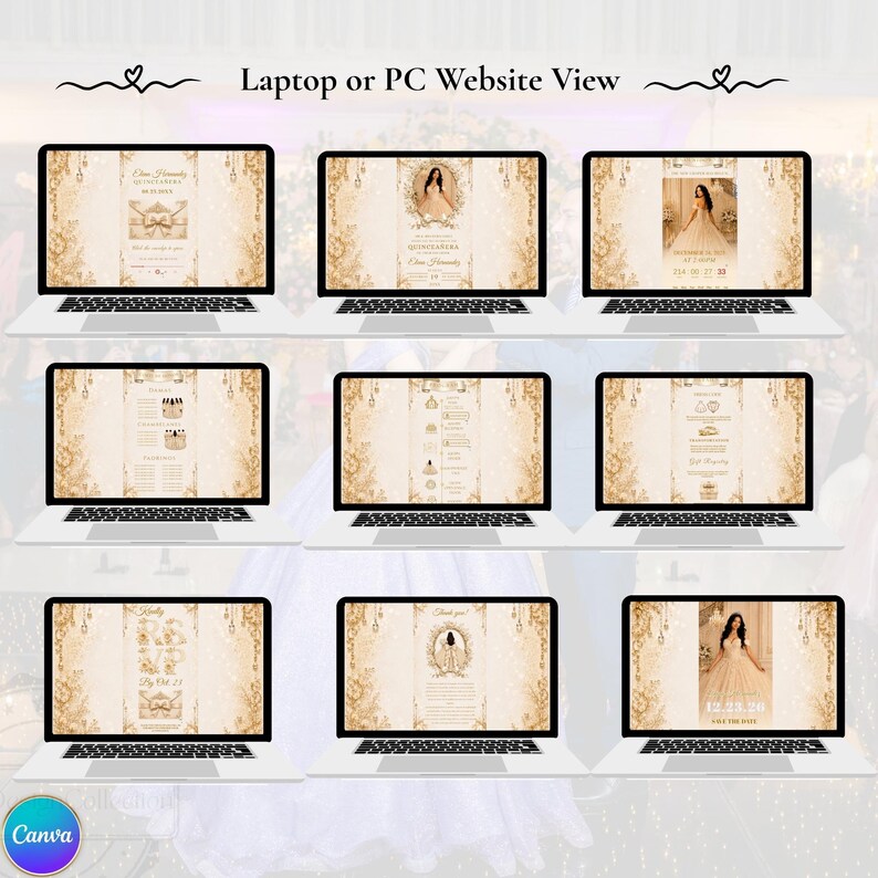 Luxury Champagne Quinceañera Website Template, Gold Ribbon Sweet 16 15 Invitation, Editable Canva RSVP Birthday Invite with Trackable RSVP