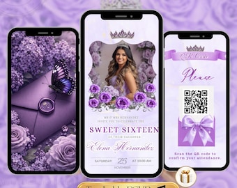 Lilac Purple Silver Quinceanera Invitation Video Editable Birthday Template Digital Quinceanera Sweet 15 & 16 Digital InviteTrackable RSVP