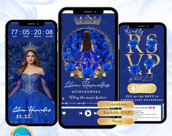 Digitale Quinceañera-uitnodiging Sweet 16-website met bewerkbare ingesloten RSVP-tracker aftellen, 15e verjaardag online uitnodiging Canva-sjabloon