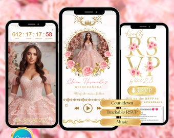 Quinceañera Website Invitation Pink Rose Digital RSVP Online Mis Quince 15 Anos Canva Editable Template Sweet 16 ,18 Birthday music location