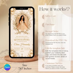 Luxury Champagne Quinceañera Website Template, Gold Ribbon Sweet 16 15 Invitation, Editable Canva RSVP Birthday Invite with Trackable RSVP