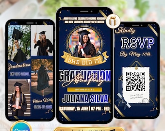 Plantilla de video para invitación de graduación / Invitación azul marino y dorada para graduación 2026 / Invitación animada para fiesta de graduación con confirmación de asistencia rastreable / Editable en Canva