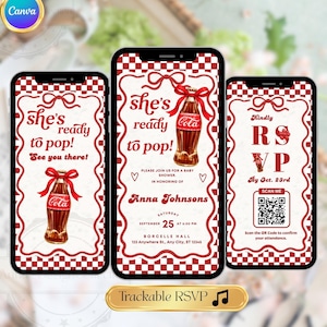 May include: Three smartphones displaying baby shower invitations. The design features a red and white checkered pattern, a vintage Coca-Cola bottle with a red bow, and the text "She's ready to pop!" and RSVP details. The invitations are for Anna Johnsons.