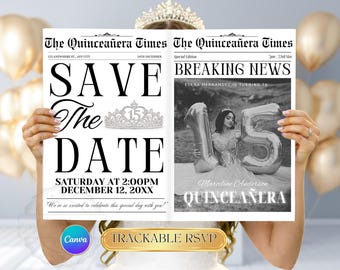 Quinceanera Save The Date Newspaper | Canva Template | Quinceañera invitation | Quince Photoshoot Newspaper | Sweet 15 Newspaper Invite RSVP