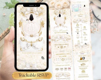 Elegant White Quinceanera Invitation Digital RSVP Editable Template for Sweet 15 Quinceanera Website Mis Quince Anos Sweet 16 Invitation