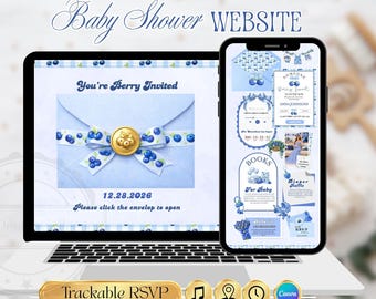 Sweet Blueberry Baby Shower Invitation Blueberry Theme Girl | Editable Coquette Blue Bow Baby Shower Invite Website with Trackable RSVP