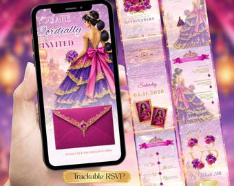 Convite digital Arabian Nights Quinceañera com contagem regressiva de música RSVP | Site editável Sweet 16 Mis Quince Años Modelo de convite Canva