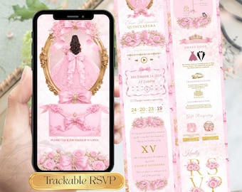 Pink Bubblegum Quinceañera Digital Invitation Sweet 16  – Pink Bow 15 Años Trackable RSVP Website – Editable Canva Template Custom Birthday