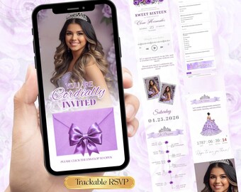 Zaproszenie na Quinceañera, cyfrowe, słodkie 15, fioletowo-liliowe, RSVP, zaproszenie na XV urodziny, szablon zaproszenia na słodkie 16, Quince, edytowalny Canva