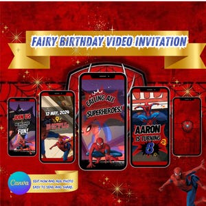Spiderman Birthday Video Invitation Editable Template on Canva with music