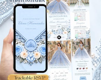 Luxury Light Blue Quinceañera Invitation Website, Baby Blue Florals Mis Quince Años Digital Invite, Minimalist  Editable Sweet 15 with RSVP