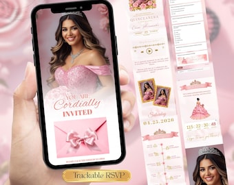 Quinceanera Pink RSVP Sitio web / Pink Quince Sweet 16 invitación, Editable Mis Quince Anos 15th Birthday Digital Quinceañera Invitación
