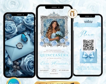 May include: Three smartphones displaying a quinceañera invitation. The central phone shows a photo of a young woman, surrounded by blue roses. The invitation text includes the name "Elena Hernandez" and the date "November 25". The other phones show a butterfly and a QR code.