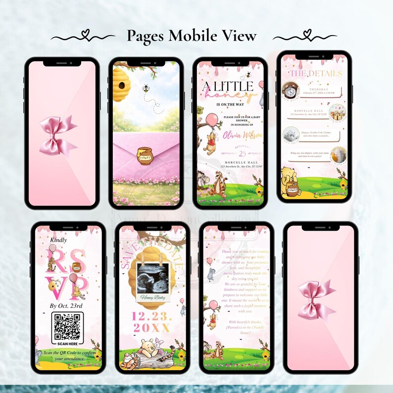 Winnie the Pooh Baby Girl Shower Invitation Animated | Pink Teddy Bear Honey Evite  | Editable Canva Digital Invite with RSVP QR Code