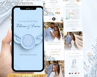Light Blue Digital Wedding Invitation with RSVP Link & Music | Blue Florals Animated Canva Template | Online Wedding Invite Countdown
