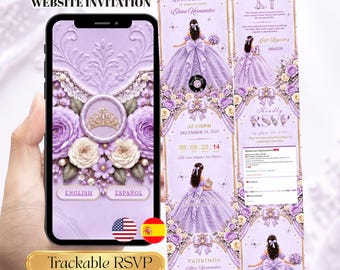Lilac Quinceañera Digital Invitation Website | Purple Sweet 16, 15th Bithday Invite, Editable Template Bilingual Spanish & English with RSVP