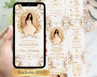 Site de convites para festa de 15 anos em ouro branco, modelo digital editável no Canva, convite elegante com laço e confirmação de presença rastreável para aniversário.