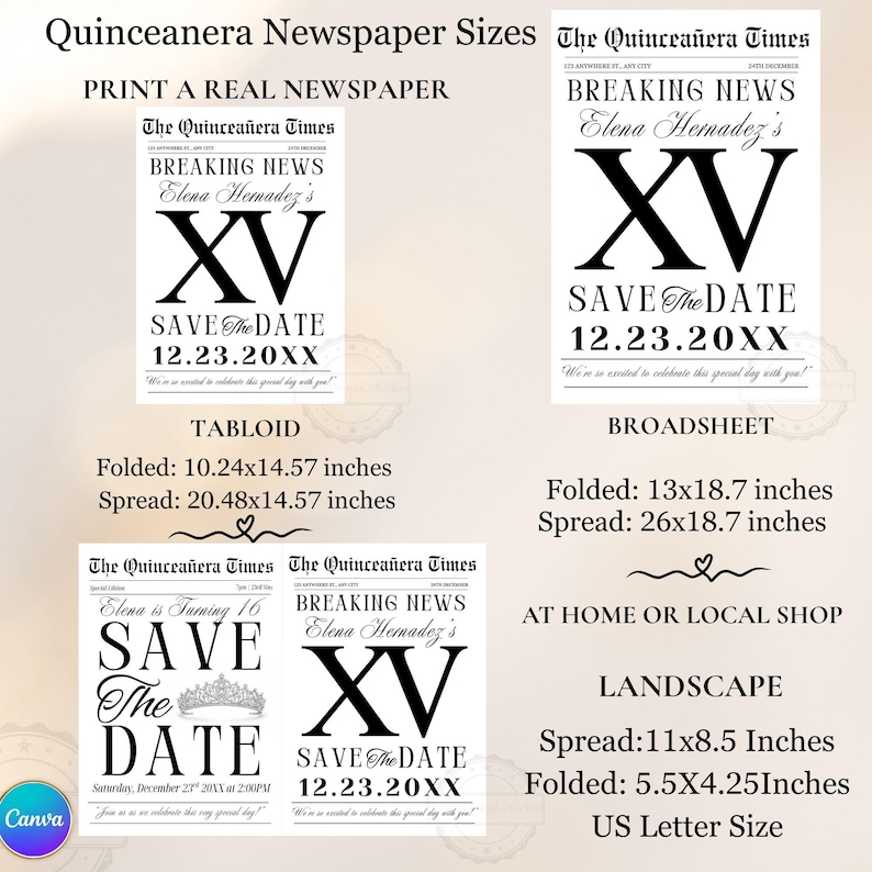 Quinceanera Save The Date Newspaper | Canva Template | Quinceañera invitation | Quince Photoshoot Newspaper | Sweet 15 Newspaper Invite RSVP