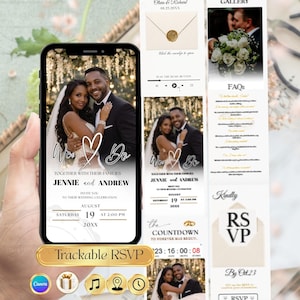 Puede incluir: Una invitación de boda digital en la pantalla de un smartphone. La invitación presenta una foto de una pareja sonriente, los nombres "Jennie y Andrew" e información de RSVP. También hay un temporizador de cuenta regresiva e iconos.