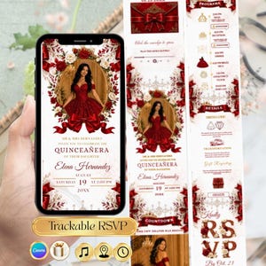 Könnte beinhalten: Ein Quinceañera-Einladungsdesign mit rotem Kleid, floralen Details und dem Text "Elena Hernandez". Die Einladung enthält Veranstaltungsdetails und eine Option "Trackable RSVP". Das Design wird auf einem Smartphone und Begleitkarten angezeigt.