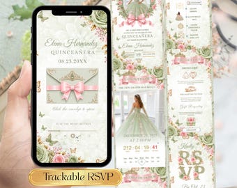 Sage Green & Pink Coquette Quinceanera Invitation Website, Pink Green Roses Birthday Digital Invite, Editable Mis Quince Anos RSVP Tracker