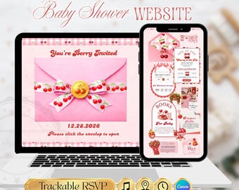 Sweet Cherry Baby Shower Invitation Cherry Theme Girl | Editable Coquette Red Bow Baby Shower Invite Website with Trackable RSVP