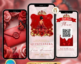 Red Quinceanera Invitation Video Editable Red Birthday Template Digital Quinceanera Invite for Sweet 15 & 16 Digital InviteTrackable RSVP