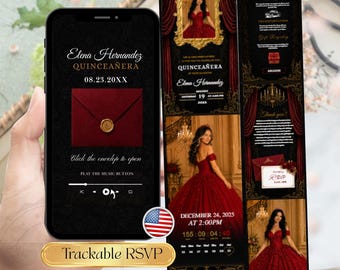 Convites de luxo para festa de debutante em tons de bordô e preto, convite de aniversário de 16 e 18 anos em inglês com detalhes em dourado e bordô, modelo editável com controle de presença.