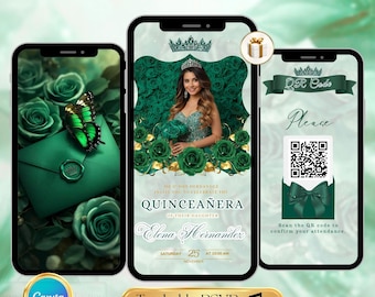 Emerald Green Quinceanera Invitation Video Editable Template Digital Quinceanera Invite for Sweet 15 & 16 Digital InviteTrackable RSVP