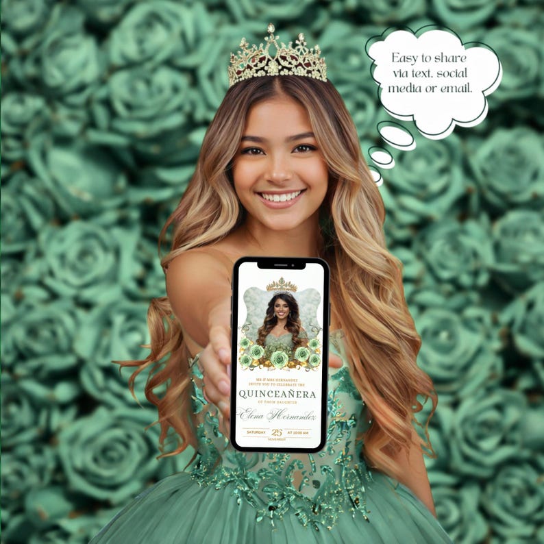 Sage Green Quinceanera Digital Invitation, Editable Template for 15th Birthday, Instant Download Floral Design Sweet 15 Invite RSVP Online
