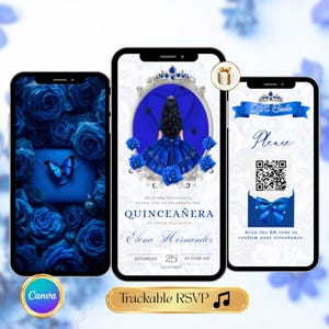 May include: Three smartphones displaying quinceañera invitations. The center phone shows a girl in a blue dress, surrounded by roses. The left phone has a blue butterfly and roses. The right phone has a QR code.
