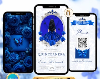 Faire-part vidéo Quinceañera argent bleu royal, code QR RSVP avec suivi, modèle rose modifiable sur toile, invitation d'anniversaire vidéo Sweet 15