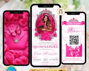 Invitación de quinceañera rosa magenta (video editable) Invitación digital de quinceañera para dulces 15 y 16 Invitación digital RSVP rastreable