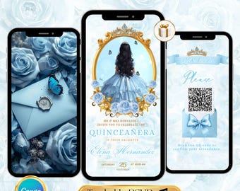 Faire-part numérique Quinceañera bleu clair – Modèle modifiable de roses en or bleu clair Invitation animée pour 15e anniversaire avec code QR RSVP animé
