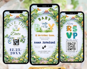 Baby Boy Is Hatching Soon Baby Shower Invitation Video, Dino Shower Animated Evite, Editable Canva Dinosaur Invite with Trackable RSVP