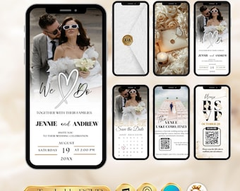 Animiertes Hochzeitseinladungsvideo, elegante weiße Rosen-Digitaleinladung, bearbeitbare Canva-Vorlage, verfolgbarer Antwort-QR-Code, Sofort-Download
